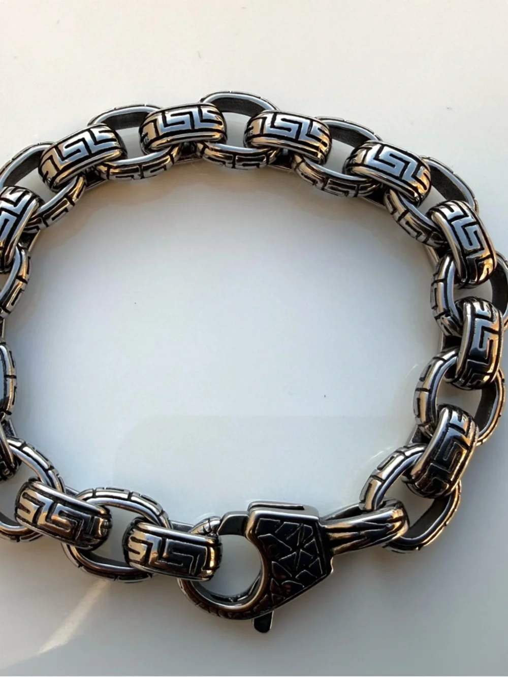 Men's Silver Link Bracelet with Greek Key Detailing